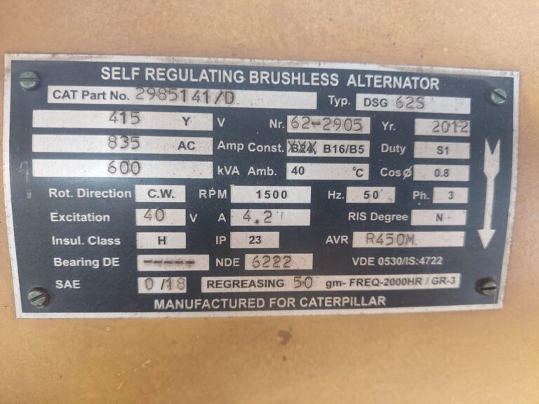 Self Regulating Brushless Alternator name plate